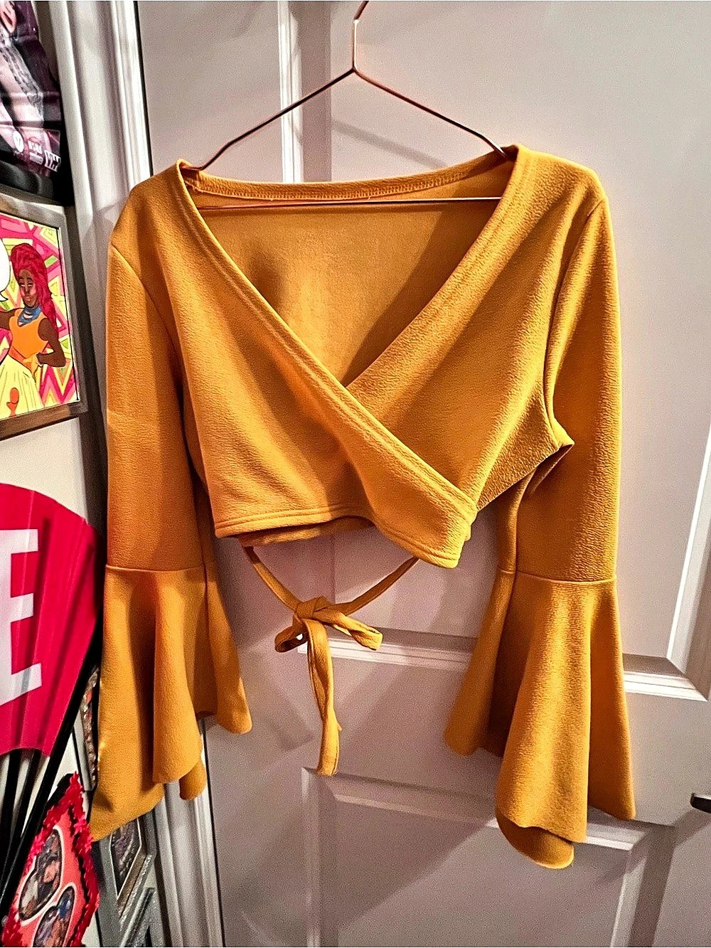 Wrap Crop Top with Bell Sleeves in Mustard Yellow